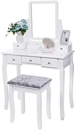 Anity Set With Mirror & Cushioned Stool Dressing Table Vanity Makeup Table 5 Drawers 2 Dividers Movable Organizers White FST01W -Best Furniture Store 41oeKzZ2bvL. AC