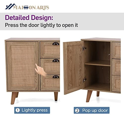 MAISON ARTS Buffet Sideboard Rattan Storage Cabinet With 3 Drawers And 2 Doors & Shelves, Kitchen Cabinet Buffet Cupboard Table With Spacious Table Top For Kitchen Dining Room Living Room 5 MAISON ARTS Buffet Sideboard Rattan Storage Cabinet With 3 Drawers And 2 Doors & Shelves, Kitchen Cabinet Buffet Cupboard Table With Spacious Table Top For Kitchen Dining Room Living Room - Image 5