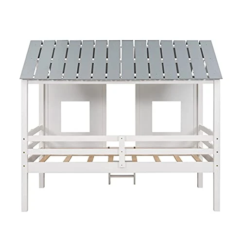 GLORHOME Twin Size Low Loft Bed House Bedframe With Roof And 2 Windows,Wood Slat Support, Fun Bedroom Furniture For Kids, White 3 GLORHOME Twin Size Low Loft Bed House Bedframe With Roof And 2 Windows,Wood Slat Support, Fun Bedroom Furniture For Kids, White - Image 3