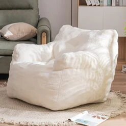 Soft Tufted Bean Bag Chairs For Adults, Medium Teddy Fabric Bean Bags With Arms, Ivory