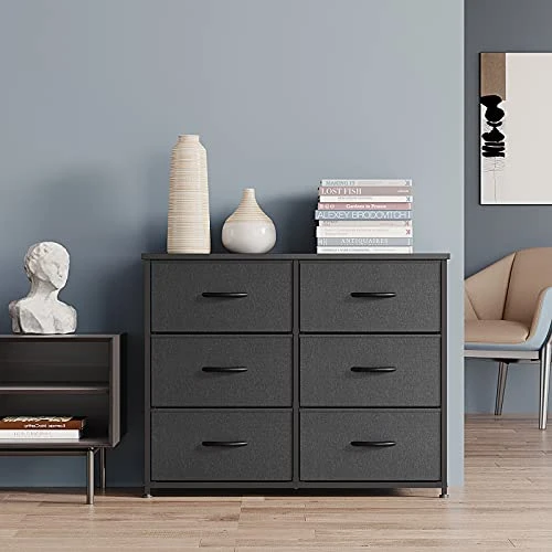 Dresser For Bedroom, 6 Drawer Storage Organizer Tall Wide Dresser For Bedroom Hallway, Sturdy Steel Frame Wood Top, Black Grey 2 Dresser For Bedroom, 6 Drawer Storage Organizer Tall Wide Dresser For Bedroom Hallway, Sturdy Steel Frame Wood Top, Black Grey - Image 2