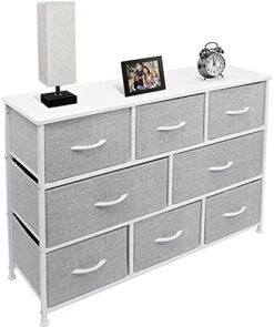 Dresser With 8 Drawers - Furniture Storage Chest For Kids Clothing Organization, Bedroom, Hallway, Closet, Office - Steel Iron Frame, Rustic Farmhouse Wood Top, Fabric Bins (White) -Best Furniture Store 41pYZbfNEcS