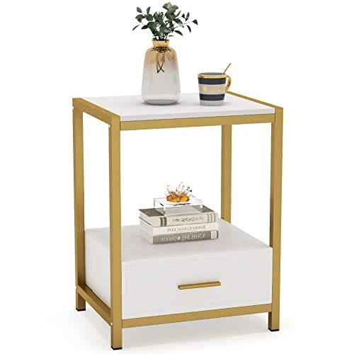 Tribesigns 25 Inch Tall Gold Nightstands With Drawers And Storage Shelf, Modern Bedside Table End Table Side Table For Bedroom, Living Room (1 Pc, Gold And White) 1 Tribesigns 25 Inch Tall Gold Nightstands With Drawers And Storage Shelf, Modern Bedside Table End Table Side Table For Bedroom, Living Room (1 Pc, Gold And White)