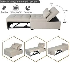 Anwickhomk Modern Folding Ottoman With Adjustable Backrest，Linen Futon Sofa Bed Chair With Memory Foam Headrest，Sleeper Sofa For Small Space，Livingroom，Bedroom，Apartment（Beige） -Best Furniture Store 41qAG2t9BIL