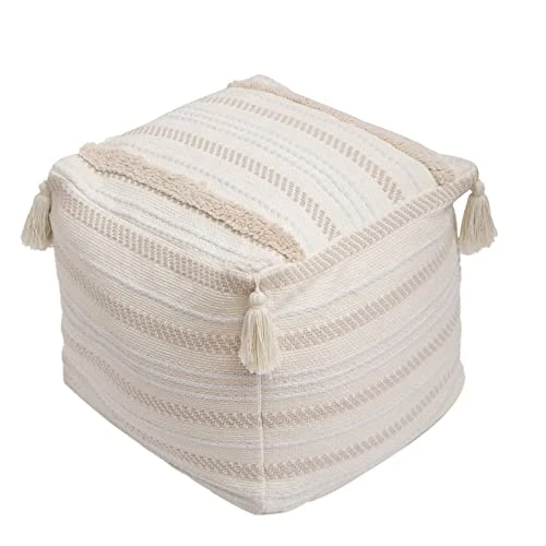 Blue Page Boho Neutral Decorative Square Unstuffed Pouf - Braided Handwoven Casual Ottoman Pouf Cover With Tassels And Cute Soft Tufted Footrest/Cushion For Bedroom Living Room, 18" X18”x16 1 Blue Page Boho Neutral Decorative Square Unstuffed Pouf - Braided Handwoven Casual Ottoman Pouf Cover With Tassels And Cute Soft Tufted Footrest/Cushion For Bedroom Living Room, 18" X18”x16