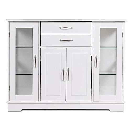 Giantex Sideboard Buffet Server Storage Cabinet W/ 2 Drawers, 3 Cabinets And Glass Doors For Kitchen Dining Room Furniture Cupboard Console Table (White) 7 Giantex Sideboard Buffet Server Storage Cabinet W/ 2 Drawers, 3 Cabinets And Glass Doors For Kitchen Dining Room Furniture Cupboard Console Table (White) - Image 7