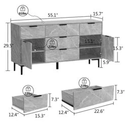 DiDuGo Sideboard Buffet Storage Cabinet With Drawers & Doors, Sideboards And Buffets With Storage, Metal Legs, Kitchen Storage Cabinet, For Hallway Living Room Marble Grey (55.1”W X 15.7”D X 29.5”H)