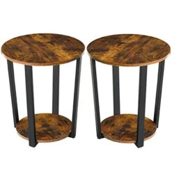 YMYNY Industrial End Table, 2 Tier Round Side Table With Sturdy Metal Frame, Vintage Nightstand For Living Room, Bedroom, Set Of 2, With Storage, Easy Assembly, Rustic Brown UHTMJ020H-2