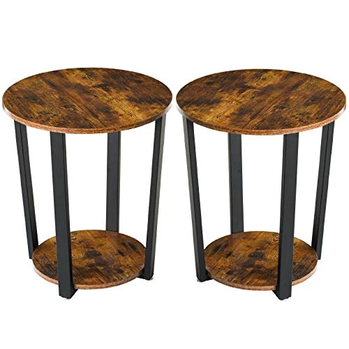 YMYNY Industrial End Table, 2 Tier Round Side Table With Sturdy Metal Frame, Vintage Nightstand For Living Room, Bedroom, Set Of 2, With Storage, Easy Assembly, Rustic Brown UHTMJ020H-2 1 YMYNY Industrial End Table, 2 Tier Round Side Table With Sturdy Metal Frame, Vintage Nightstand For Living Room, Bedroom, Set Of 2, With Storage, Easy Assembly, Rustic Brown UHTMJ020H-2