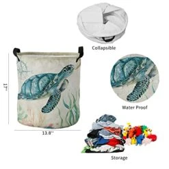 Marine Animals Freestanding Laundry Basket With Handles, Collapsible Waterproof Large Laundry Hamper For Baby Nursery Kids Room Dorm Storage, Ocean Theme Sea Turtle Starfish -Best Furniture Store 41qas45uqVL