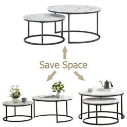 Modern Nesting Coffee Tables Set Of 2, Jepwe Round Coffee Table Faux Marble Tabletop Powder Coated Metal Frame Mid Century Wooden Accent Side Tables For Living Room Bedroom Office Balcony, White/Black -Best Furniture Store 41qd9fstVqL