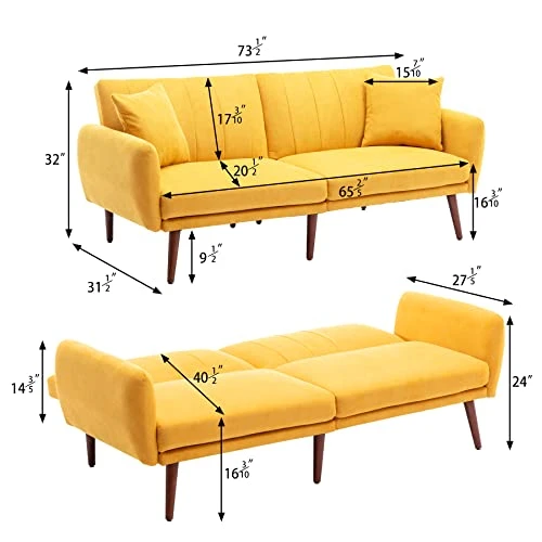 BNEHS Convertible Sofa Bed With Adjustable Backrest,Futon Loveseat Couch Bed With Wooden Frame & Leg - Modern Sleeper Sofa With Storage For Small Living Room,Dorm,Studio(Yellow) 3 BNEHS Convertible Sofa Bed With Adjustable Backrest,Futon Loveseat Couch Bed With Wooden Frame & Leg - Modern Sleeper Sofa With Storage For Small Living Room,Dorm,Studio(Yellow) - Image 3