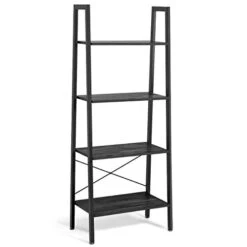 Giantex Ladder Shelf 4-Tier Industrial Bookshelf Storage Rack Shelves For Home And Office Use, Wood Display Rack With Metal Frame (Gray)