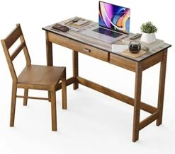 Tangkula Study Desk & Chair Set, Kids Learning Table With Drawer, Ergonomic Chair With Inclined Backrest, Students Computer Workstation With Solid Rubber Wood Feet, Teen Desk & Chair Set -Best Furniture Store 41rOZSQK vL. AC