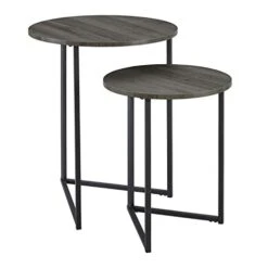 Walker Edison Modern Round Metal Base Nesting Set Side Accent Table Living Room Storage Small End Table, Set Of 2, Slate Grey