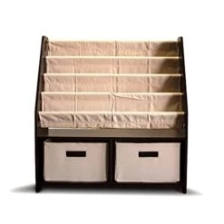 WonkaWoo Kids Sling Bookshelf Wooden Rack, 4 Levels Of Canvas Slings For Large Children Books And 2 Storage Bin Boxes For Toys Organizer, Espresso Shelf With Natural Fabric Slings -Best Furniture Store 41rvcPBQ2qL