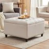 Tbfit Large Square Storage Ottoman Bench, Tufted Upholstered Coffee Table Ottoman With Storage, Oversized Storage Ottomans Toy Box Footrest For Living Room, Cream Beige