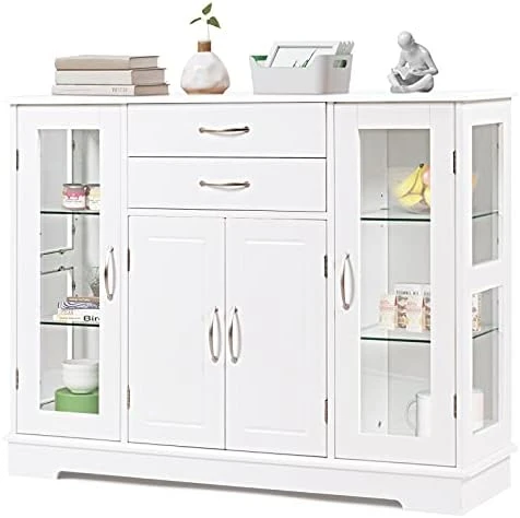 Giantex Sideboard Buffet Server Storage Cabinet W/ 2 Drawers, 3 Cabinets And Glass Doors For Kitchen Dining Room Furniture Cupboard Console Table (White) 9 Giantex Sideboard Buffet Server Storage Cabinet W/ 2 Drawers, 3 Cabinets And Glass Doors For Kitchen Dining Room Furniture Cupboard Console Table (White) - Image 9