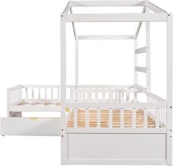 House Bed Double Twin Beds, Wood L-Shaped 2 Twin Platform Beds With Storage Drawers,Montessori Bed With Roof ,Fence And Slatted Design, Corner Playhouse Bed Frame For Kids Girls Boys ,White -Best Furniture Store 41t0oKotVpL