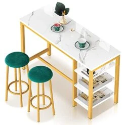 AWQM Bar Table Set With Storage Shelves, 47" White Modern Faux Marble Breakfast Table With 2 Stools, 3-Piece Dining Set For 2, Space Saving Table For Kitchen/Dinning Room/Living Room/Bedroom/Office 18 AWQM Bar Table Set With Storage Shelves, 47" White Modern Faux Marble Breakfast Table With 2 Stools, 3-Piece Dining Set For 2, Space Saving Table For Kitchen/Dinning Room/Living Room/Bedroom/Office -Best Furniture Store 41t5icb2HEL