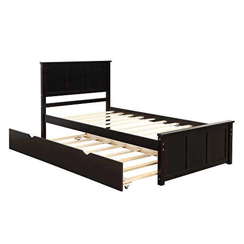 MERITLINE Wood Twin Bed With Trundle,Twin Bed Frames With Headboard, Platform Bed For Guest Room, Boys And Girls, Twin Size, Espresso 5 MERITLINE Wood Twin Bed With Trundle,Twin Bed Frames With Headboard, Platform Bed For Guest Room, Boys And Girls, Twin Size, Espresso - Image 5