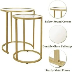 RiteSune Gold Glass Nesting Side End Tables Set Of 2, Round Small Stacking Drink Coffee Table For Small Space, Living Room, Bedroom, Christmas, New Year -Best Furniture Store 41tTTLlfKWL