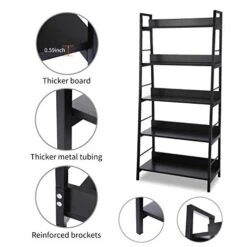 BATHWA Industrial 5-Tier Ladder Bookshelf Wood And Metal Bookcase Black Organizer Stand Rack Storage Ladder Shelves For Living Room Office Bathroom Kitchen, 59'' Height 12 BATHWA Industrial 5-Tier Ladder Bookshelf Wood And Metal Bookcase Black Organizer Stand Rack Storage Ladder Shelves For Living Room Office Bathroom Kitchen, 59'' Height -Best Furniture Store 41tURERHiEL