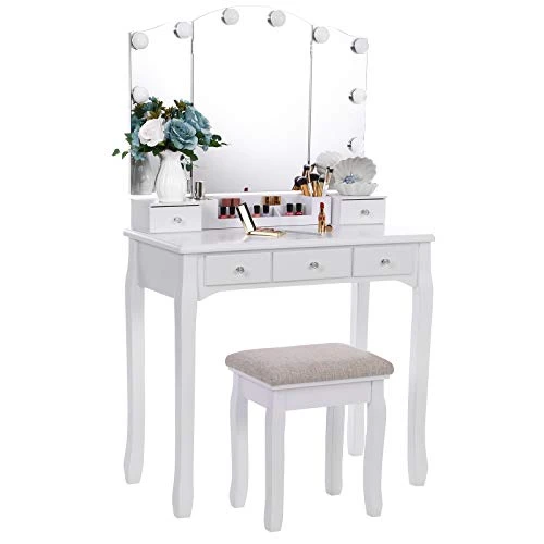 Anity Set With Lighted Mirror, Makeup Vanity With Tri-Folding Mirror 10 LED Bulbs, White Vanity Desk Vanity Table With 5 Drawers 2 DIY Dividers, Cushioned Stool, Movable Organizer FST09W 1 Anity Set With Lighted Mirror, Makeup Vanity With Tri-Folding Mirror 10 LED Bulbs, White Vanity Desk Vanity Table With 5 Drawers 2 DIY Dividers, Cushioned Stool, Movable Organizer FST09W