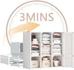 Portable Closet Clothes Wardrobe Plastic Bedroom Armoire Depth Cube Storage Organizer With Hanging Rod And Doors 4-15 Cubes White（15 Grids, 11 Doors, 2 Hangers(w15-d11-h2) -Best Furniture Store 41toBmhMRL. AC