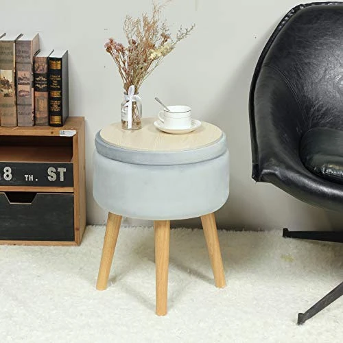 B FSOBEIIALEO Round Storage Ottoman, Soft Padded Velvet Footstool Vanity Makeup Chair, With Wooden Legs & Tray Top 14.17" (Blue) 2 B FSOBEIIALEO Round Storage Ottoman, Soft Padded Velvet Footstool Vanity Makeup Chair, With Wooden Legs & Tray Top 14.17" (Blue) - Image 2