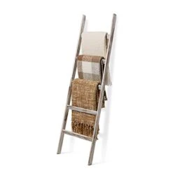 Rustic 5ft Blanket Ladder - Farmhouse Home Decor - Quilt/Towels/Throw Wood - Decorative Shelf - Easy Assembly - Leaning - Padded - White Wash