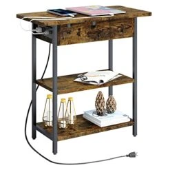 HOUIT End Table With Charging Station, Narrow Flip Top Side Table With USB Ports And Outlets, Nightstand With Storage For Small Spaces, Bedside Tables For Living Room, Bedroom
