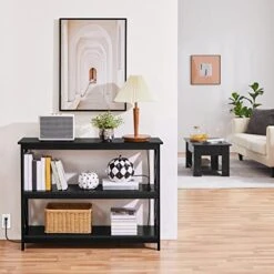 Topeakmart Console Table With 2 Outlets And 2 USB Ports, 3-Tier Entryway Table With Wood Frame & X-Shaped Design, Sofa Table Narrow Long For Living Room/Hallway/Bedroom, Black -Best Furniture Store 41uSRlR6ArL