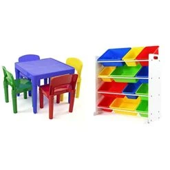 Humble Crew Kids Plastic 4 Set, Blue Table/Primary Chairs & White/Primary Kids' Toy Storage Organizer With 12 Plastic Bins