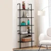 APICIZON 5 Tier Ladder Shelf, Industrial Wall Shelf With Wood Shelves And Stable Metal Frame, Open Wall Mount Bookcases, Display Shelves, Plant Flower Rack For Home Office, Balcony, Bathroom, Black