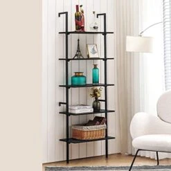 APICIZON 5 Tier Ladder Shelf, Industrial Wall Shelf With Wood Shelves And Stable Metal Frame, Open Wall Mount Bookcases, Display Shelves, Plant Flower Rack For Home Office, Balcony, Bathroom, Black