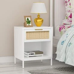 Anmytek Modern Wood Nightstand With Natural Rattan Drawer, Mid Century Side Table Farmhouse Bedside End Table Storage Drawer And Shelf For Bedroom Living Room White/Gold-H0052 -Best Furniture Store 41v7ixychrL