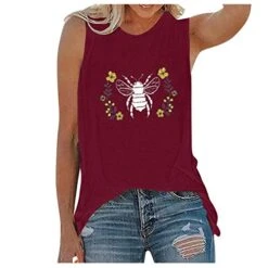 Xiart Women Tank Tops Bee Print Cute Round Neck Vest Tshirt Loose Casual Summer Camisole Tunic Tee Sleeveless Workout Blouse