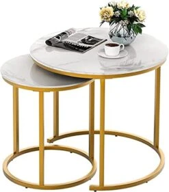 IDEALHOUSE Round Coffee Table Set Of 2, Modern Accent Marble Texture Coffee Tables For Living Room, Nesting Table For Reception Room And Office Room (Black) -Best Furniture Store 41vVdID6IdL. AC