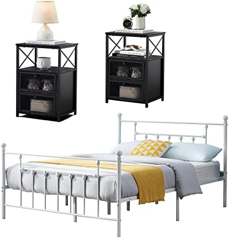 Twin Bed Frame And Versatile Nightstands Set Of 2, Platform With Headboard,Night Stands Side End Tables With Storage Drawers For Bedroom, Living Room, Easy Assemble, Black+Brown 13 Twin Bed Frame And Versatile Nightstands Set Of 2, Platform With Headboard,Night Stands Side End Tables With Storage Drawers For Bedroom, Living Room, Easy Assemble, Black+Brown - Image 13