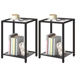 HOOBRO Side Tables With 2 Shelves, Set Of 2 End Tables, Nightstands For Tight Spaces, Tempered Glass Bedside Tables, Modern Metal Frame, For Office, Bedroom, Living Room, Study, Black BK76BZP201