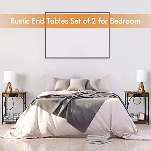 Smusei Nightstand Set Of 2 Bedroom Small End Table With Charging Station For Small Spaces 2 Tier Farmhouse Night Stands Bedside Tables With Storage Basket For Living Room 4 Smusei Nightstand Set Of 2 Bedroom Small End Table With Charging Station For Small Spaces 2 Tier Farmhouse Night Stands Bedside Tables With Storage Basket For Living Room - Image 4