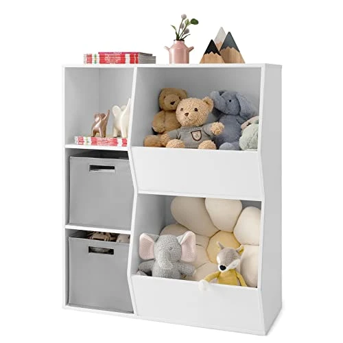 GLOBALWAY 5-Cube Kids Toy Storage Organizer, Freestanding Children Bookcase W/ 2 Foldable Storage Bins, Open Multi-Purpose Storage Display Cabinet For Kids Room, Play Room, Hallway, Nursery