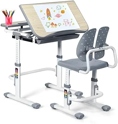 GLACER Height-Adjustable Kids Desk & Chair Set, Children Study Desk With 45-Degree Tilted Desktop, Anti-Pinch Plug, Hook, Pull-Out Storage Drawer, Suitable For 3-14 Years Old Kids (Gray) 7 GLACER Height-Adjustable Kids Desk & Chair Set, Children Study Desk With 45-Degree Tilted Desktop, Anti-Pinch Plug, Hook, Pull-Out Storage Drawer, Suitable For 3-14 Years Old Kids (Gray) - Image 7