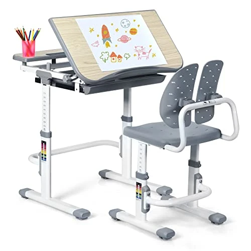 GLACER Height-Adjustable Kids Desk & Chair Set, Children Study Desk With 45-Degree Tilted Desktop, Anti-Pinch Plug, Hook, Pull-Out Storage Drawer, Suitable For 3-14 Years Old Kids (Gray) 1 GLACER Height-Adjustable Kids Desk & Chair Set, Children Study Desk With 45-Degree Tilted Desktop, Anti-Pinch Plug, Hook, Pull-Out Storage Drawer, Suitable For 3-14 Years Old Kids (Gray)