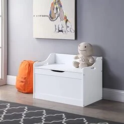 Wood Modern Storage Bench Box Blanket Chest Trunk With Safety Hinged Lid In White Finish