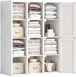 Portable Closet Clothes Wardrobe Plastic Bedroom Armoire Depth Cube Storage Organizer With Hanging Rod And Doors 4-15 Cubes White（15 Grids, 11 Doors, 2 Hangers(w15-d11-h2) -Best Furniture Store 41wluQtRIvL. AC