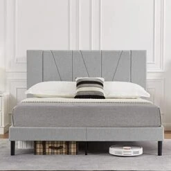 King Size Bed Frame Upholstered Platform With Complete Headboard And Strong Wooden Slats, No Box Spring Needed, Easy Assembly,Beige -Best Furniture Store 41wtiC7 GAL. AC