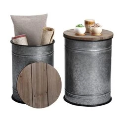 RUSTOWN Farmhouse Accent Side Table, Rustic Storage Ottoman Seat Stool, Galvanized Antique Metal End Table Box Bin With Round Wood Lid, Coffee Or Cocktail Table, Nesting Pieces Two (Pure Galvanized)
