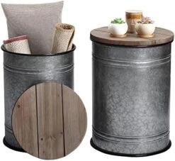 RUSTOWN Farmhouse Accent Side Table, Rustic Storage Ottoman Seat Stool, Galvanized Antique Metal End Table Box Bin With Round Wood Lid, Coffee Or Cocktail Table, Nesting Pieces Two (Pure Galvanized) 21 RUSTOWN Farmhouse Accent Side Table, Rustic Storage Ottoman Seat Stool, Galvanized Antique Metal End Table Box Bin With Round Wood Lid, Coffee Or Cocktail Table, Nesting Pieces Two (Pure Galvanized) -Best Furniture Store 41x1ep1rCPL. AC